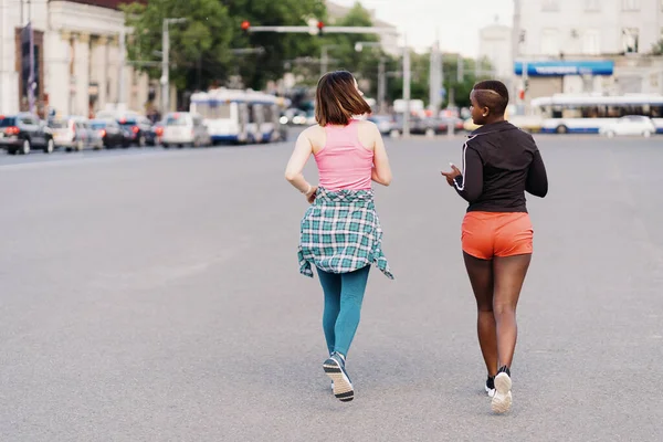 Back View Friends Sportswear Running City Dicussing Multiethnic Women Having — Stock Photo, Image