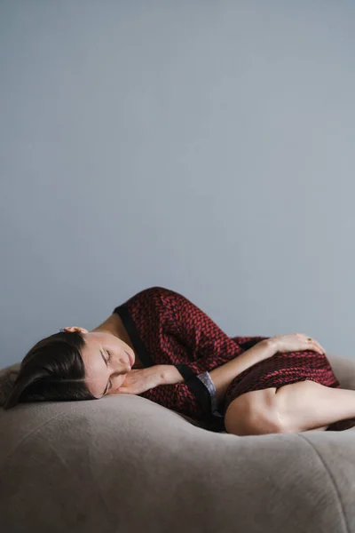 Calm Serene Beautiful Young Lady Lying Dream Relaxing Sleep Soft — Stock Photo, Image