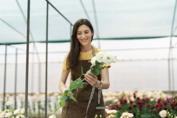 Woman Florist Has Order Fresh Flowers She Cut Beautiful Bouquet — Stock fotografie