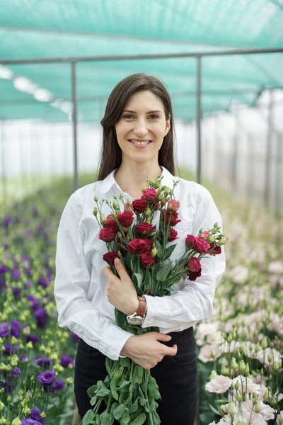 Businesswoman Holds Beautiful Bouquet Green House Woman Portrait Flowers Female — Stock Photo, Image