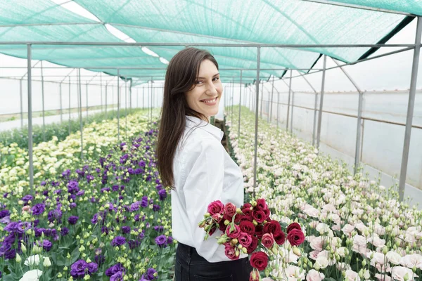 Businesswoman Holds Beautiful Bouquet Green House Woman Portrait Flowers Female — Stok fotoğraf