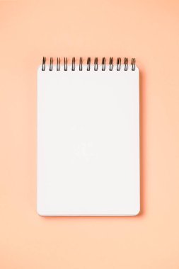 Kağıt turuncu arka planda okul defteri, sarmal not defteri ve karton kalem.