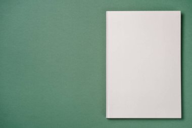 Gray Leather notebook on paper green background, notepad mock up, top view shot