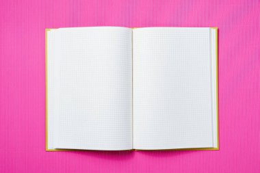 School notebook on a paper pink background, opened notepad and craft cardboard pen