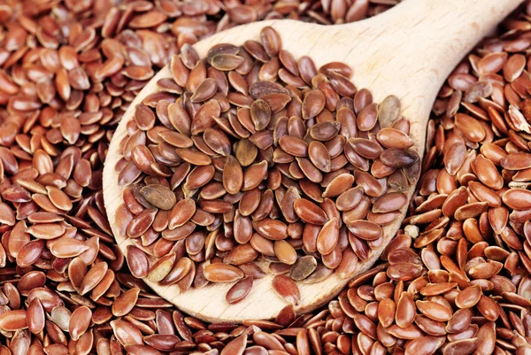 Primer plano de semillas de lino y cuchara de madera de fondo de alimentos — Foto de Stock