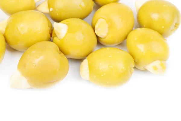 Green olives stuffed with almonds isolated on white background — Stock Photo, Image