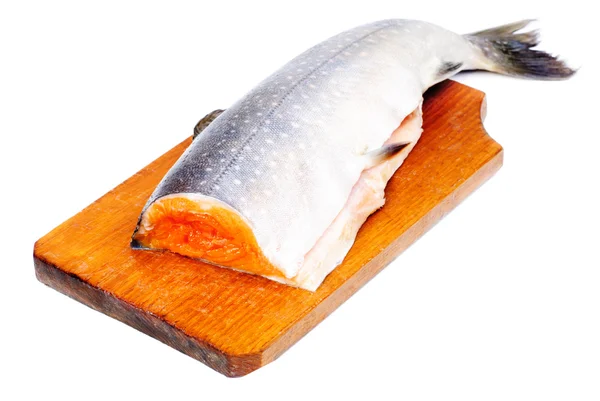 Salmon sliced on cutting board, isolated on white background — Stock Photo, Image