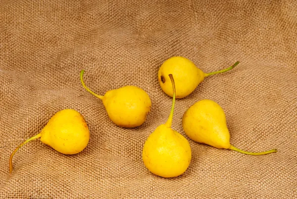 Några gula päron på säckväv bakgrund — Stockfoto