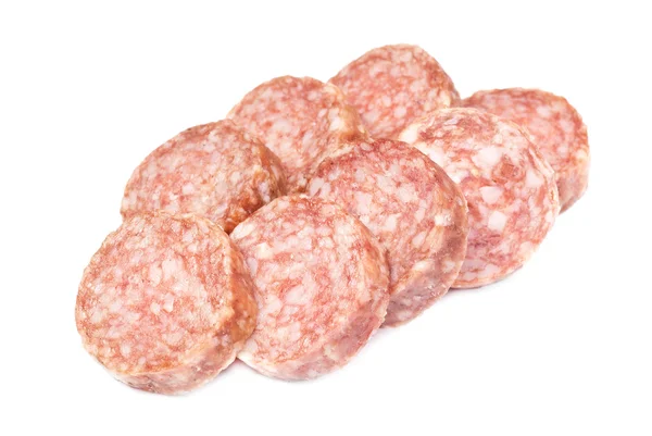 Smoked sausage slices on a white background — Stock Photo, Image