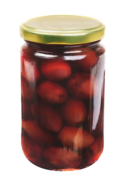 Glass jar with purple olives kalamata isolated on the white background — Stock Photo, Image