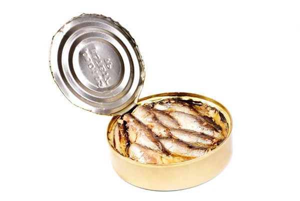 Open a tin of sprats isolated on a white background — Stock Photo, Image