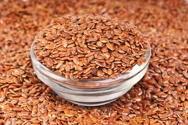 Close up de sementes de linho e fundo de comida tigela — Fotografia de Stock