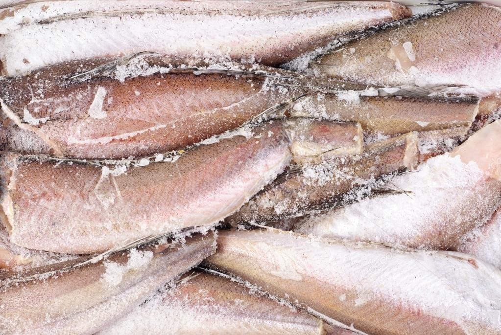 Frozen hake fish as food background