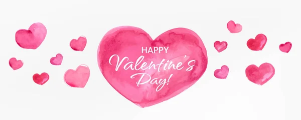 Happy Valentines Day Banner Beautiful Background Watercolor Hearts Lettering Aquarell — Stock Vector