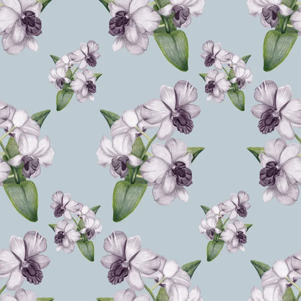 Hand-drawn lilac orchid vintage seamless pattern — Stock Photo, Image
