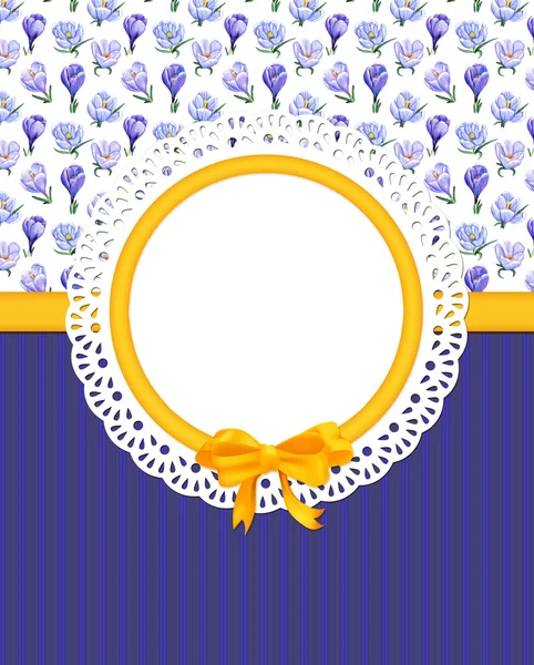 Card with crocus flowers on combined cloth — Stock Photo, Image