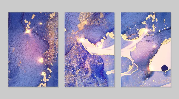 Marmeren set van goud, paarse en lichtblauwe achtergronden met textuur Rechtenvrije Stockillustraties