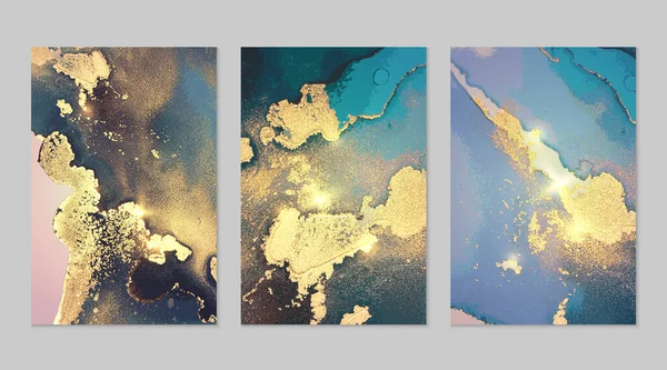 Mármore conjunto de ouro, azure, e fundo azul oceano com textura — Vetor de Stock