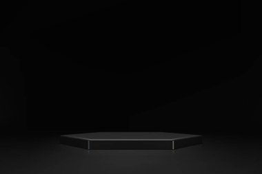 Koyu arkaplanda 3B siyah altıgen podyum