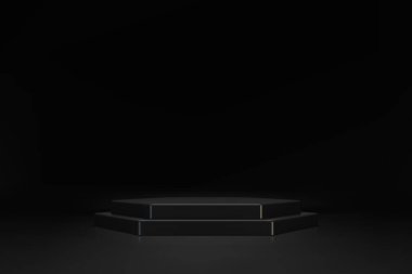 Koyu arkaplanda siyah çift hedral podyumu olan 3B minimal sahne