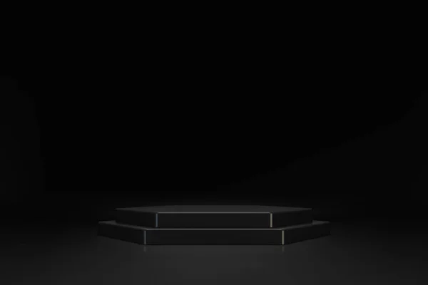 3D minimal scene met zwart dubbel hexahedral podium op donkere achtergrond — Stockvector