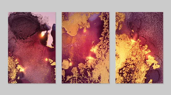 Marmormönster. Maroon, lila och guld geod texturer med glitter — Stock vektor