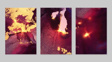 Mermer desenler dizisi. Koyu kırmızı, mor ve altın rengi jeot desenleri.