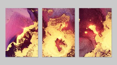 Mermer desenler dizisi. Altın, mor ve kırmızı jeot desenleri.