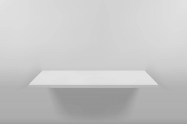 Duvardaki beyaz boş kitap rafı. Beyaz arkaplanda gölgeli tek kitaplık