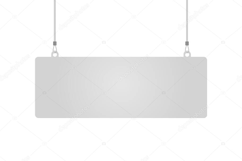 Rectangular dangler hanging from ceiling realistic mockup. Mock up of advertising promotion pointer for supermarket sale announcement on transparent background. Mall store label vector illustration