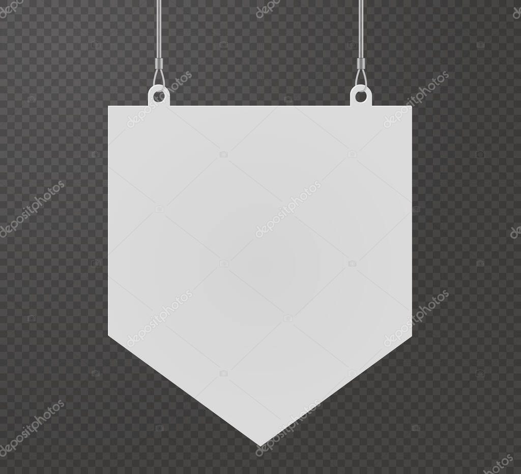Pennant dangler hanging from ceiling realistic mock up. Mockup of advertising promotion pointer for supermarket sale announcement on transparent background. Mall store label vector illustration