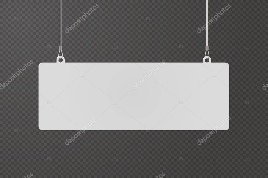 Rectangular dangler hanging from ceiling realistic mockup on transparent background. Mock up of advertising promotion pointer for supermarket sale announcement. Mall store label vector illustration