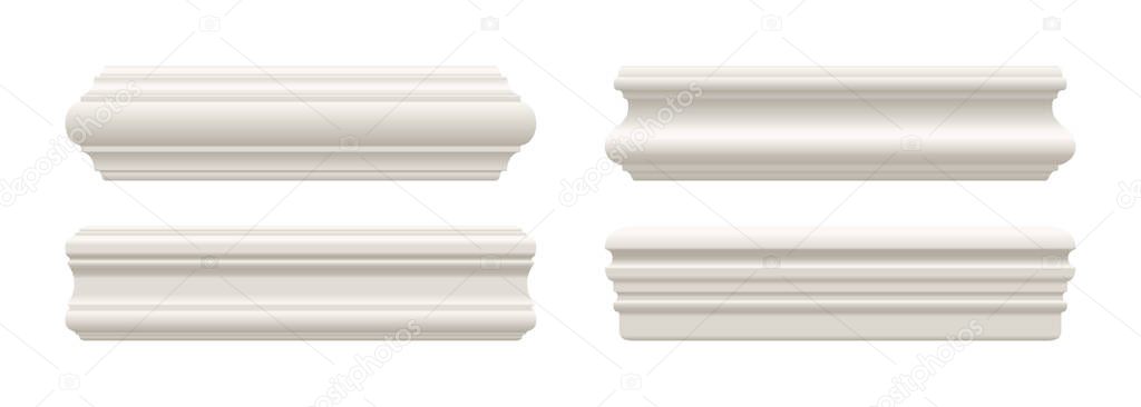 Set of white skirting cornice moulding or baseboard. Ceiling crown