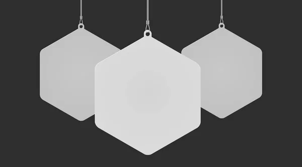 Set zeshoekige bungelaar hangend aan plafond realistische mockup — Stockvector
