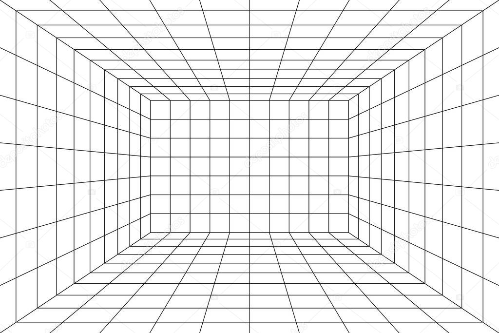 Digital grid of 3d room space with one point perspective