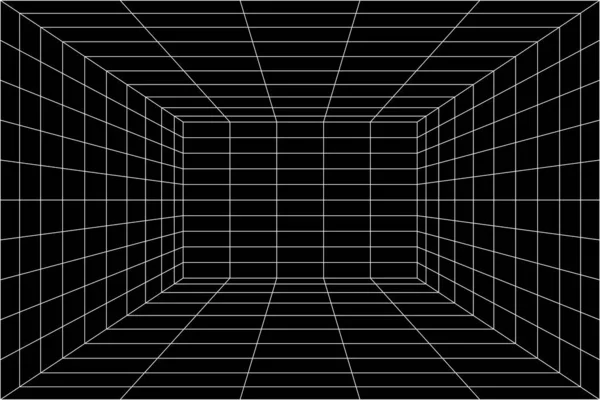 3D digitales weißes Gitter des schwarzen Raumes mit Einpunktperspektive — Stockvektor