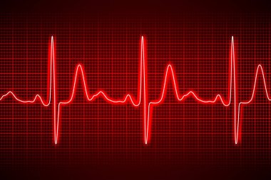 Neon kalp atışı EKG veya kırmızı arkaplanda eklemsiz çizgi