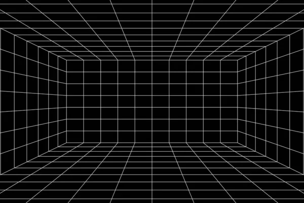 Digitales weißes Gitter des 3D-Schwarzraums mit Einpunktperspektive — Stockvektor
