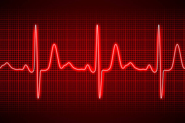 Neon heart beat ecg or ekg seamless line on red background