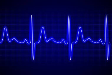 Neon kalp atışı ecg veya ekg mavi arkaplan üzerinde pürüzsüz siyah çizgi