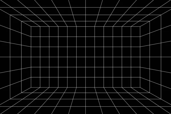 3D weißes Gitter des schwarzen Raumes mit einer Einpunktperspektive — Stockvektor