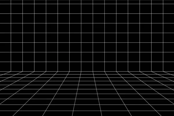 Grille numérique 3D blanche du mur et du plancher de l'espace de pièce noire avec une perspective d'un point — Image vectorielle