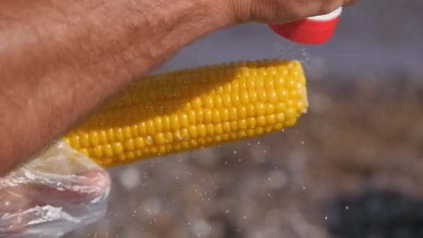 Кукурудзу посипають сіллю для смаку . — стокове відео