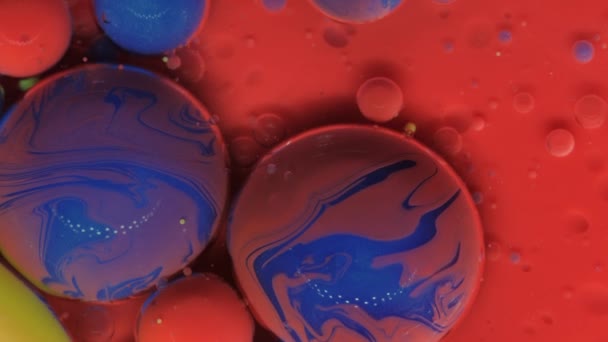Burbujas rojo-azules sobre fondo rojo. Arte textural abstracto. Formas líquidas de diseño. — Vídeo de stock