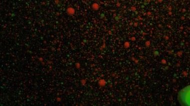 Turuncu ve yeşil hacimli floresan parçacıkları siyah hareket eden bir zemin üzerinde hareket eder ve değişir, geçiş.