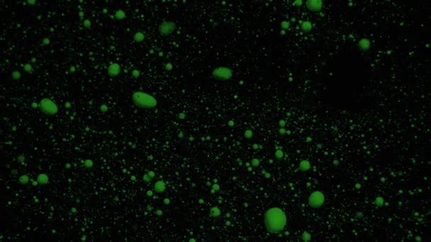 Zelené objemové fluorescenční částice se pohybují a mění na černém pohyblivém pozadí, přechod.