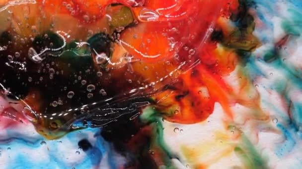 투명 한 우주 액에는 빨강, 파랑, 노랑, 초록 페인트 한 방울 이들어 있다. — 비디오