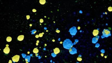 Mavi, sarı ve yeşil renklerin karışımı noktalar ve toplar siyah üç boyutlu hareket eden arka plan, geçiş.