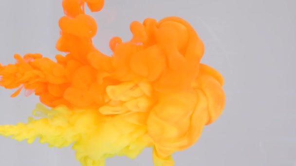 Vloeibare onttrekkingen, het oplossen van rode en gele verf in water. — Stockvideo