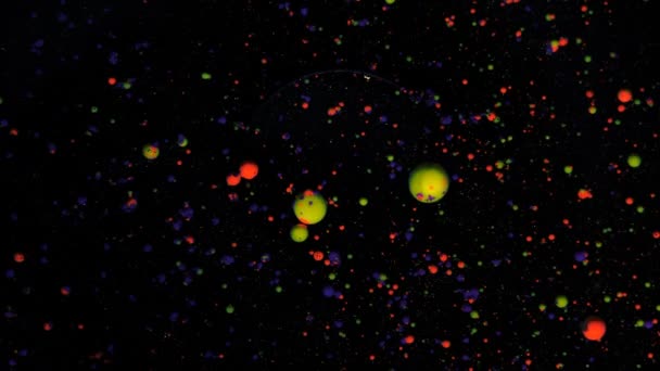 Okrągłe kolorowe kulki na czarnym tle ze srebrnymi cekinami. Czerwone, niebieskie i zielone cząstki poruszają się losowo. — Wideo stockowe
